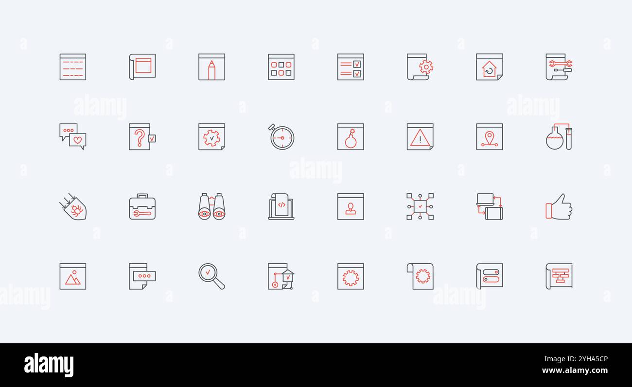 Webentwicklung, Softwarecodierung, Symbolsatz für Algorithmen. Browserfenster mit Gear Alert Signals, Programme zum entwickeln und Neuaufbau von Webseiten dünne schwarze und rote Umrisssymbole Vektorillustration Stock Vektor