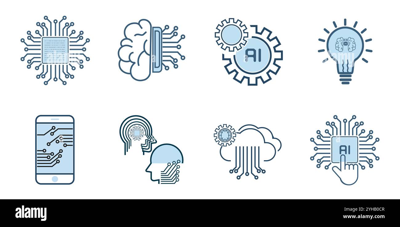Künstliche Intelligenz gruppiert zugehörige Vektorzeilen-Symbole. Enthält Symbole wie KI-Verarbeitung, Algorithmus, Self-Learning-Stil. Bearbeitbares Konturdesign Stock Vektor