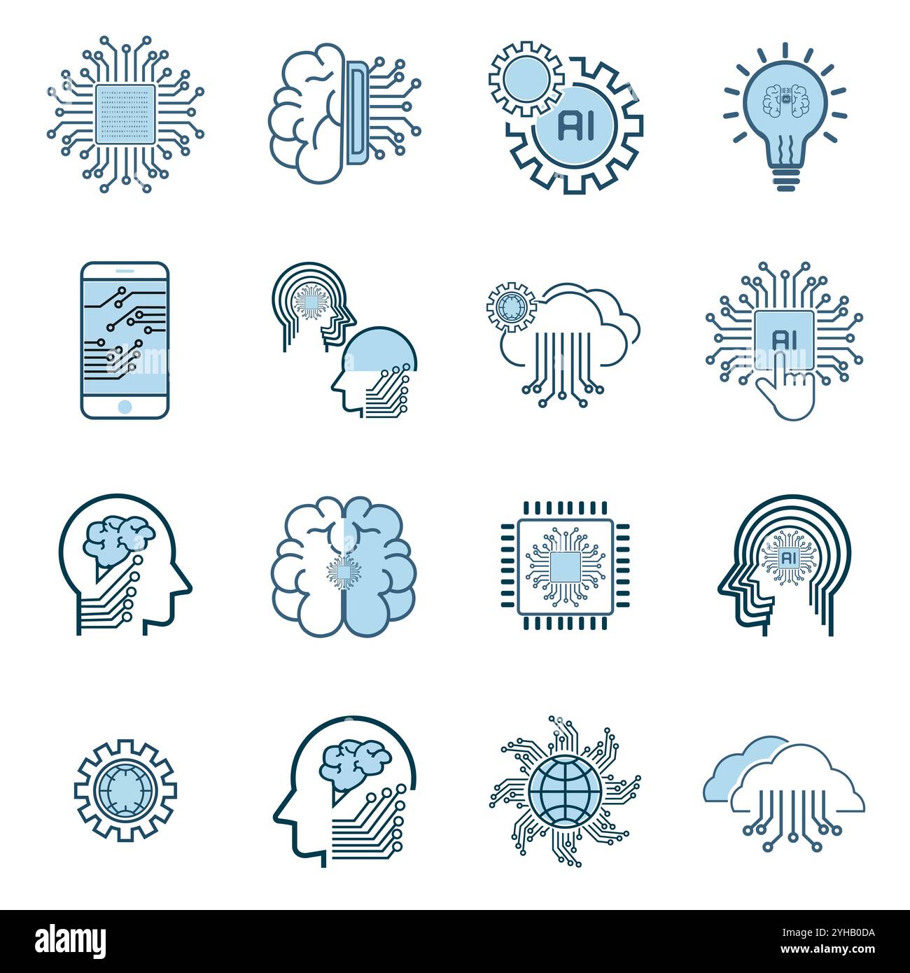Künstliche Intelligenz gruppiert zugehörige Vektorzeilen-Symbole. Enthält Symbole wie KI-Verarbeitung, Algorithmus, Self-Learning-Stil. Bearbeitbares Konturdesign Stock Vektor