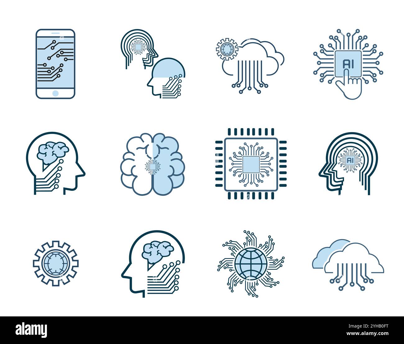 Satz künstlicher Intelligenz-KI-Symbole, Symbole Vektordesign, Vektorlinien-Symbole, Gesichtserkennung, Android, Humanoider Roboter, Denkmaschine. Bearbeiten Stock Vektor