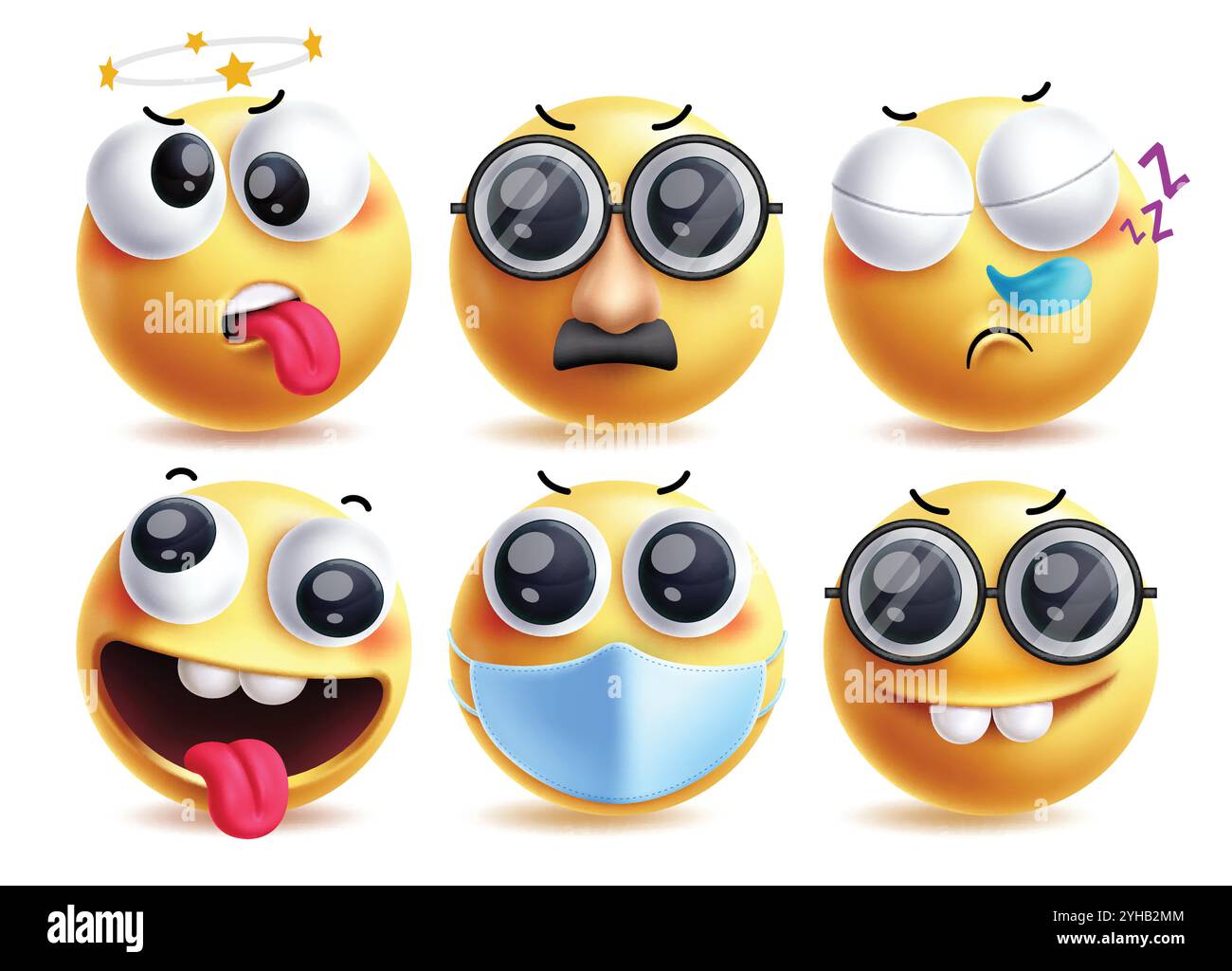 Zeichensatz für die Verkleidung von Emoji-Vektoren. Emojis Clip Art Charakter in schwindelerregender, alter Mann, niesender, frecher, kranker und lustiger gelber Emoticons Gesicht Stock Vektor