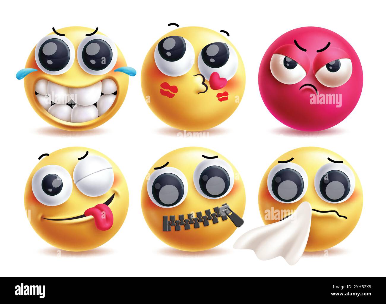 Dummer Emoji Clipart-Vektor-Zeichensatz. 3D Emojis Gesichtsausdrücke wie glücklich, Kiss Mark, wütend, frech, ruhig und niesend gelb Clip Art Stock Vektor