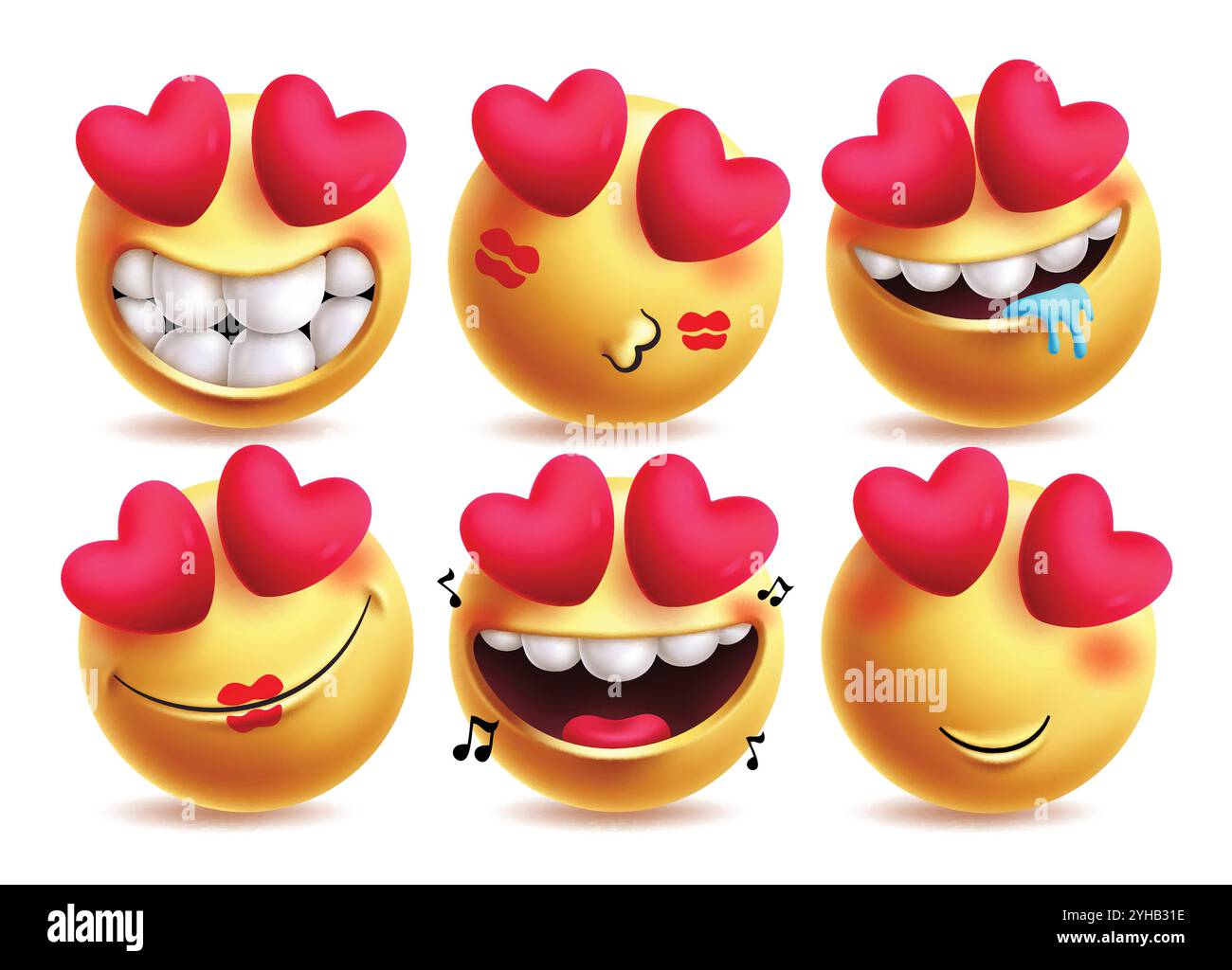 Love Emoji Vektor Zeichen Set. Verliebte Emojis mit Gesichtsausdrücken wie lustig, Kuss-Zeichen, besessen, romantisch, singend und anziehend Clip Art Stock Vektor