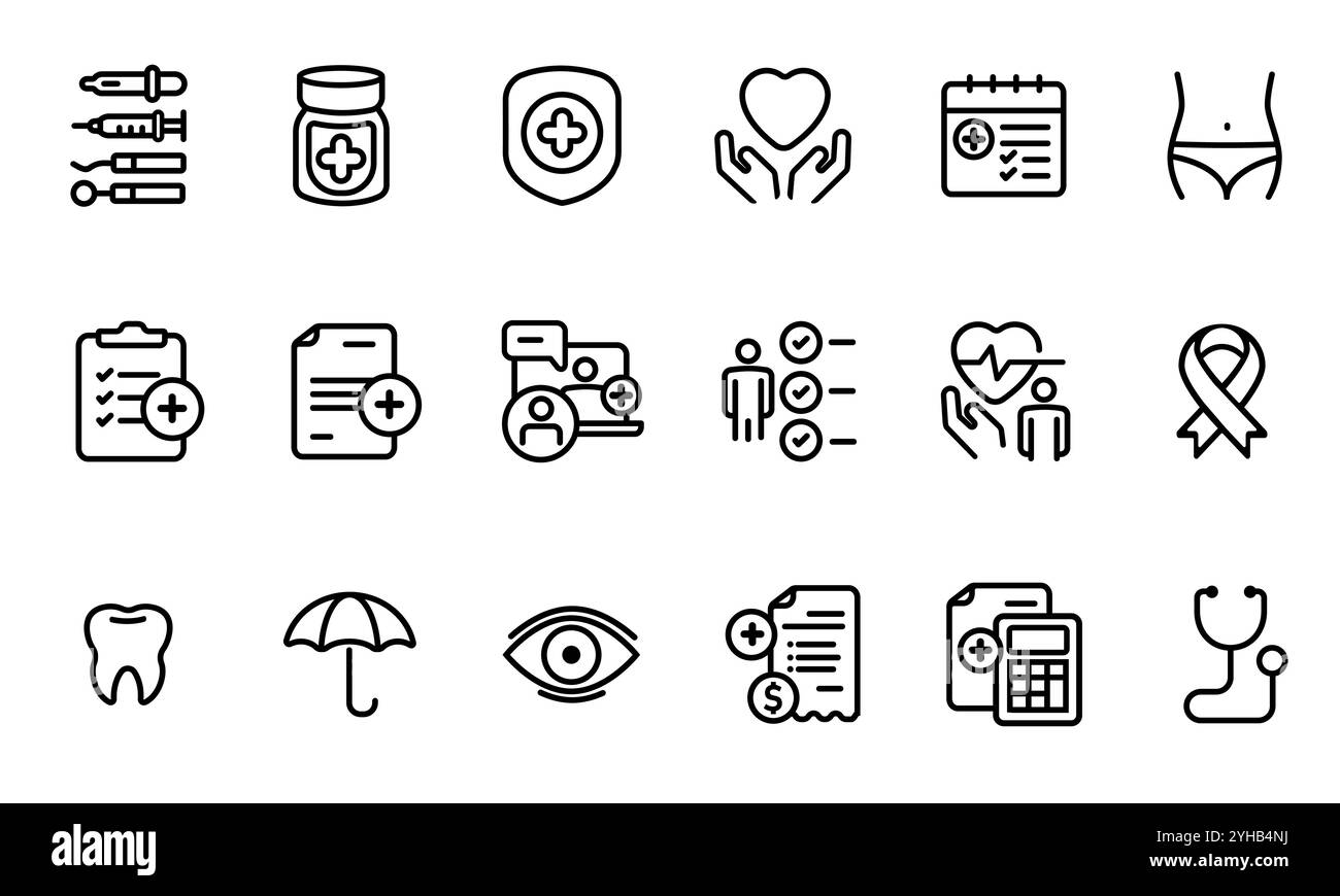 Icon Healthcare Equipment medizinische Überprüfung Untersuchung Arzt Beratung medicare Kosten Zahlung Versicherung Linie Schlaganfall Symbol Sammlung Set Stock Vektor