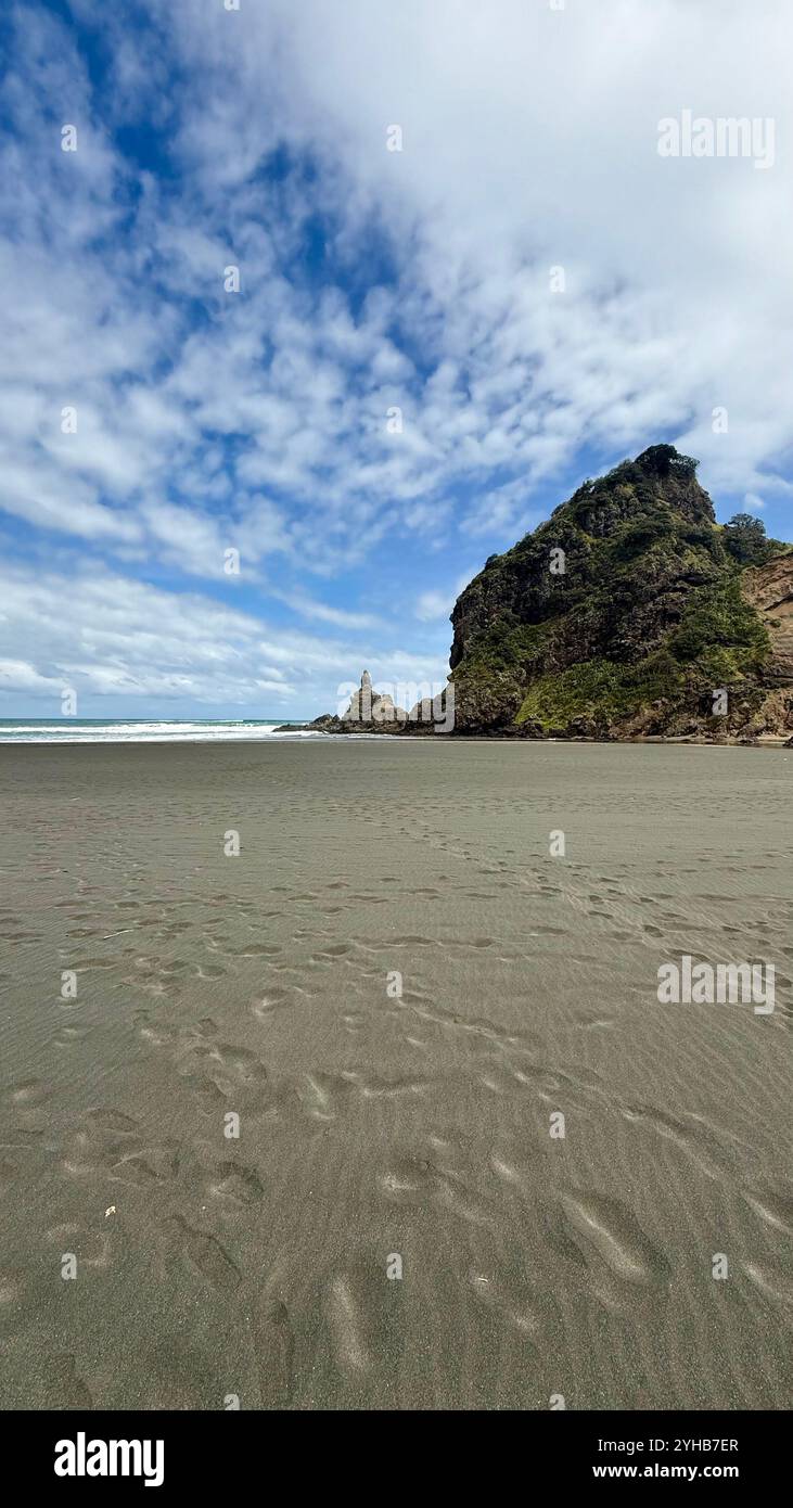 Felsige Küste mit großen Wellen (Muriwai) - Smartphone-aufgenommenes Stockfoto