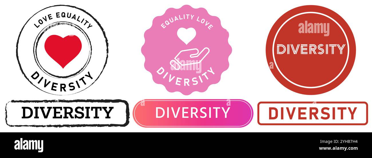 Vielfalt Einheit Gleichheit Toleranz Menschen ethnische Kultur Multi Stempel Bunte Abzeichen Siegel Emblem Aufkleber Emblem Design Icon Set Kollektion Stock Vektor