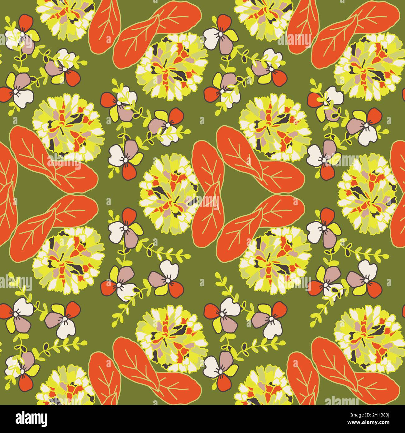 Blumenmuster. Nahtlose botanische Blüte für Stoffdrucke. Handgezeichnete geometrische Textur. Vektorabbildung. Stock Vektor