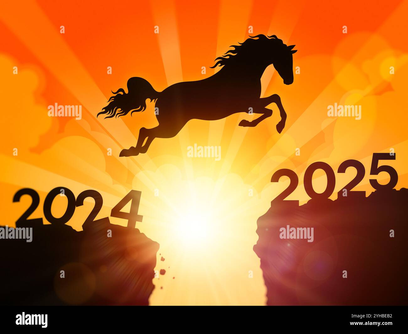 Happy New Year 2025 Horse. Ein Pferd springt von 2024 auf 2025 Stockfoto
