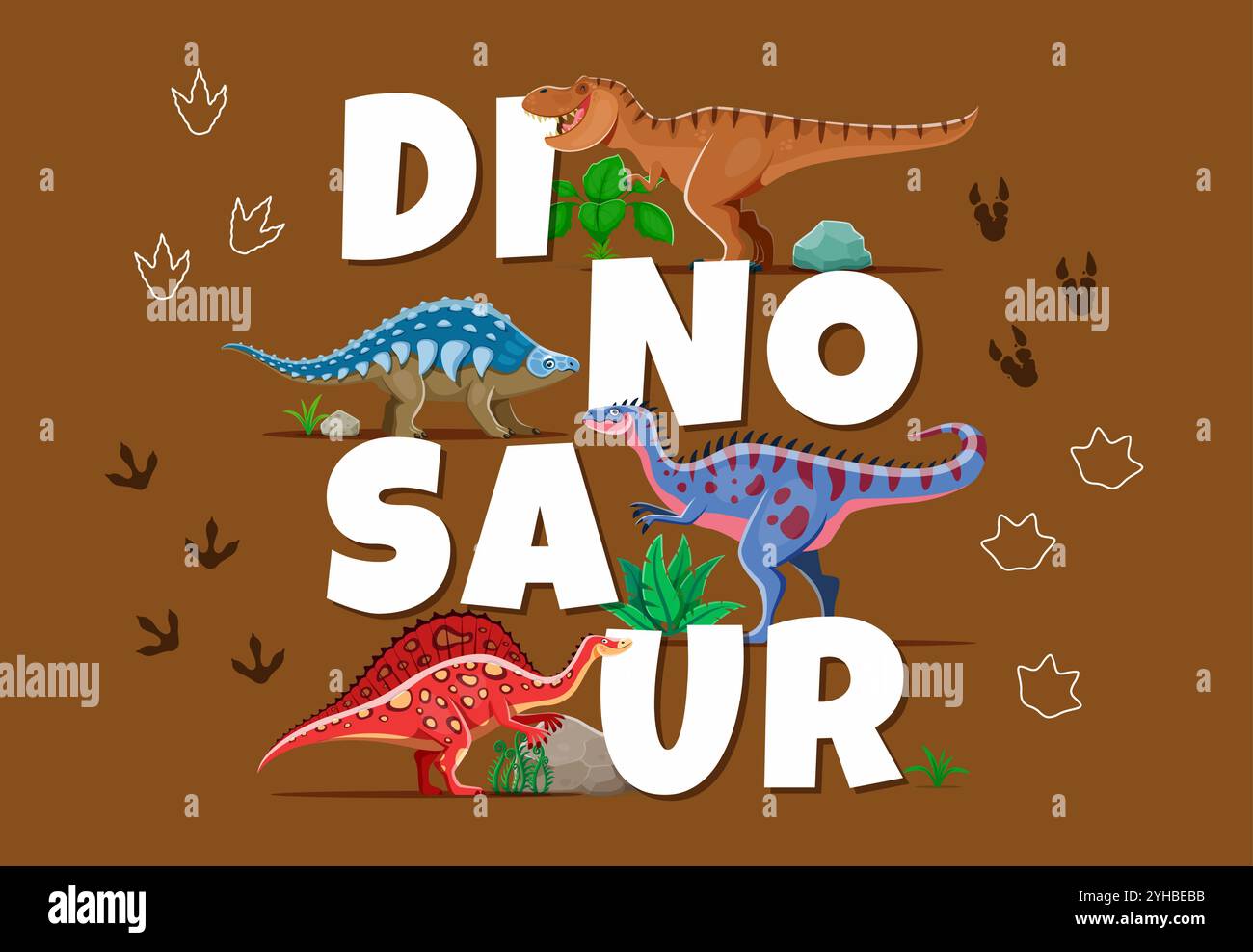 Prähistorische Dinosaurier und Dino-Tierfußabdrücke Vektorplakat. Cartoon jurassic tyrannosaurus rex, Ouranosaurus, Alectrosaurus und Panoplosaurus Dinosaurier Charaktere, prähistorische Pflanzen und Felsen Stock Vektor