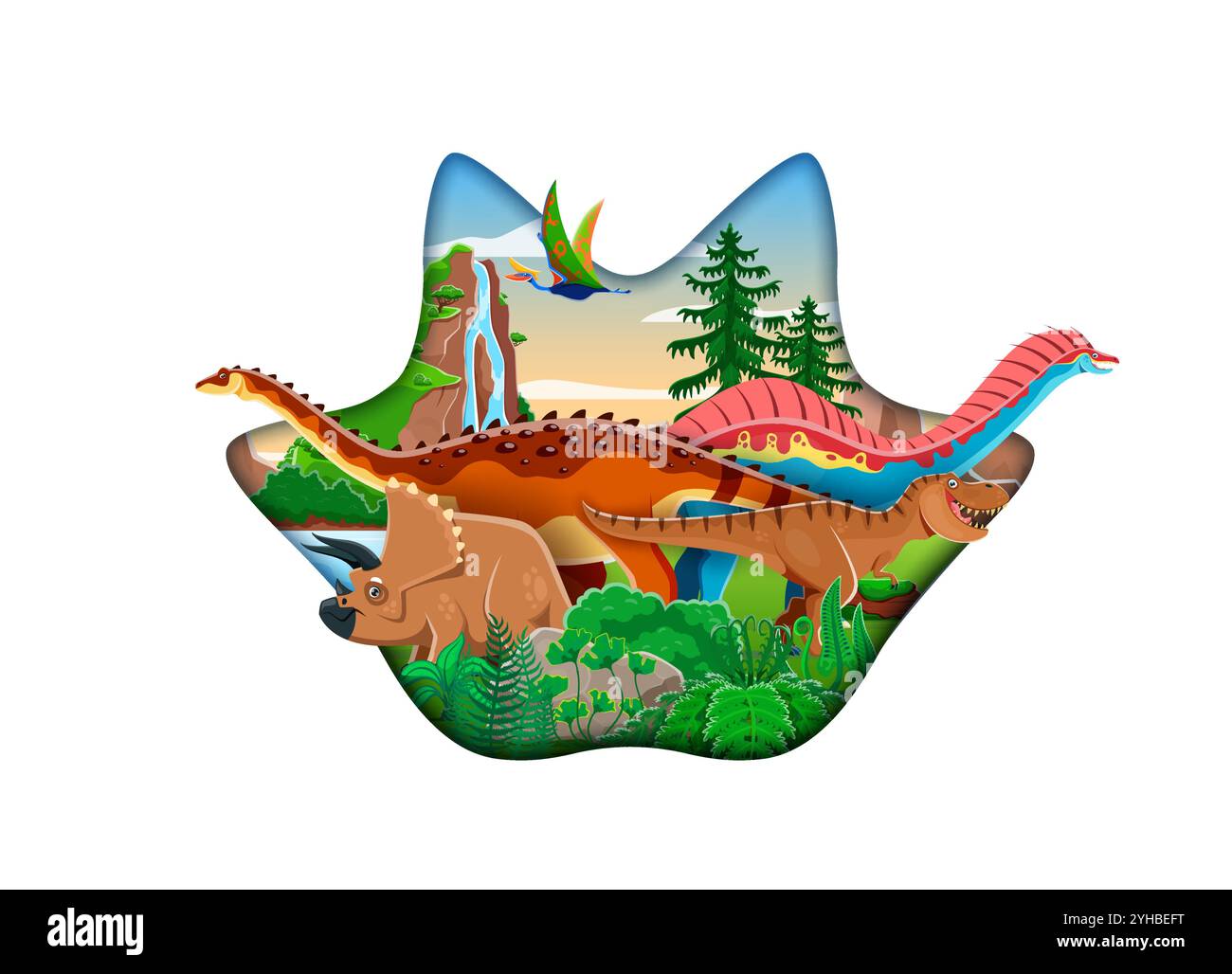 Papier geschnittene Dinosaurier-Fußabdrücke mit prähistorischen Dino-Tieren und Reptilien. Vektor 3D-Papierrahmen mit Dinosaurier-Fußabdruck mit tyrannosaurus rex, triceratops und Dicraeosaurus Dino-Charakteren Stock Vektor