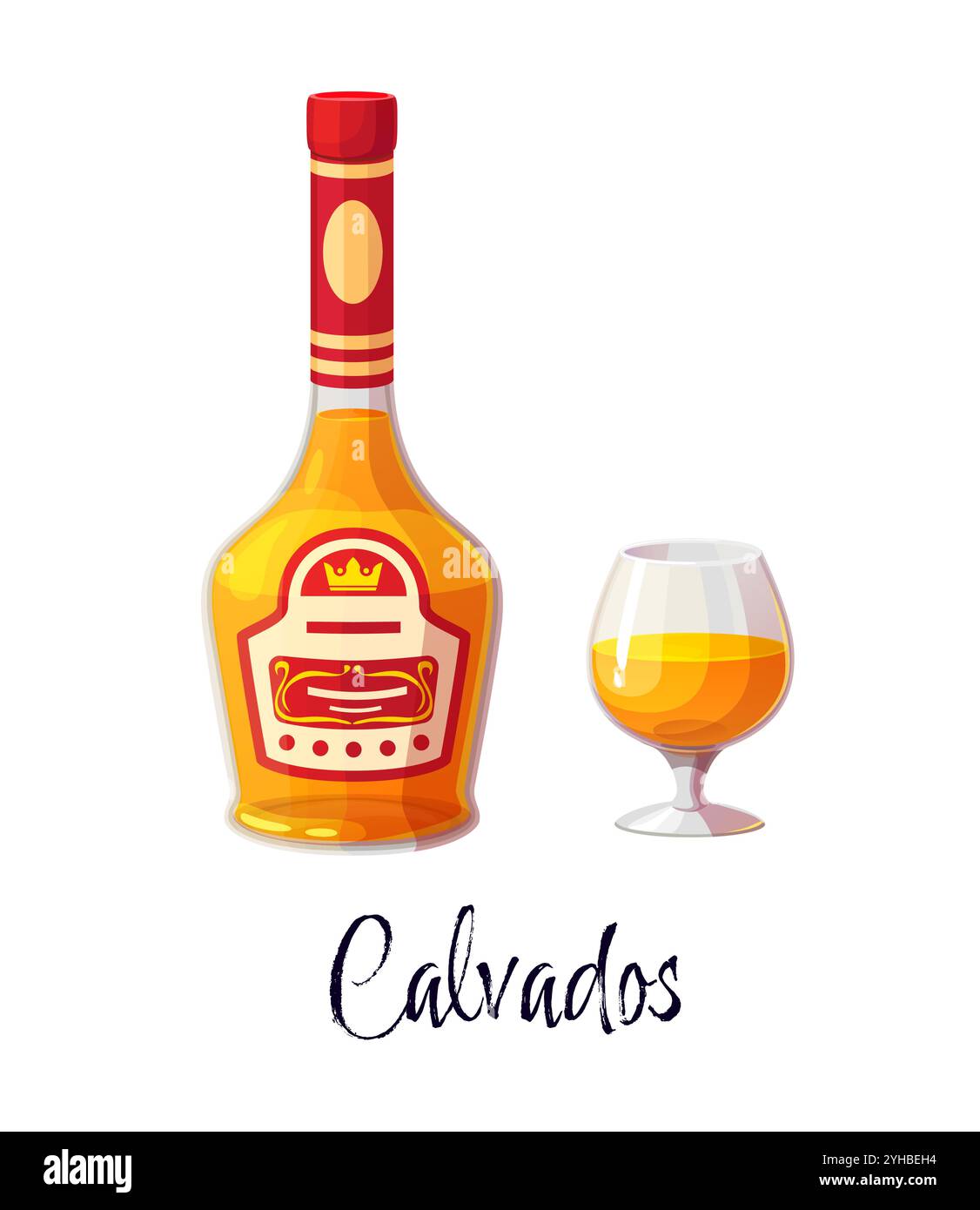 Calvados Alkoholflasche und Glas für Bargetränk oder Getränk, Vektor-Zeichentricksymbol. Calvados Brandy Flasche mit Etikett und Glas für hochwertige alkoholische Getränke, Barmenü oder Partyfeier Stock Vektor
