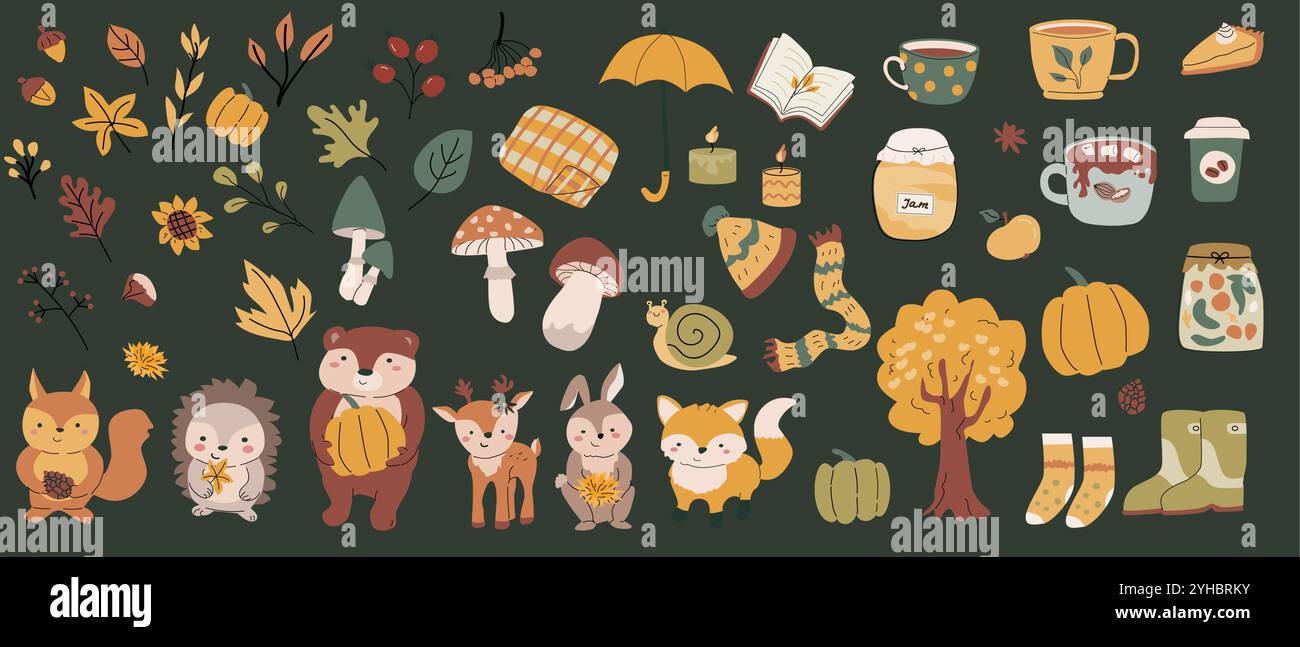 Herbsttiere bündeln sich mit Blättern und anderen saisonalen Gegenständen und Kleidung, Dingen. Waldtiere für Kinder mit Clipart-Elementen für die Ernte. Handgezeichnet Stock Vektor