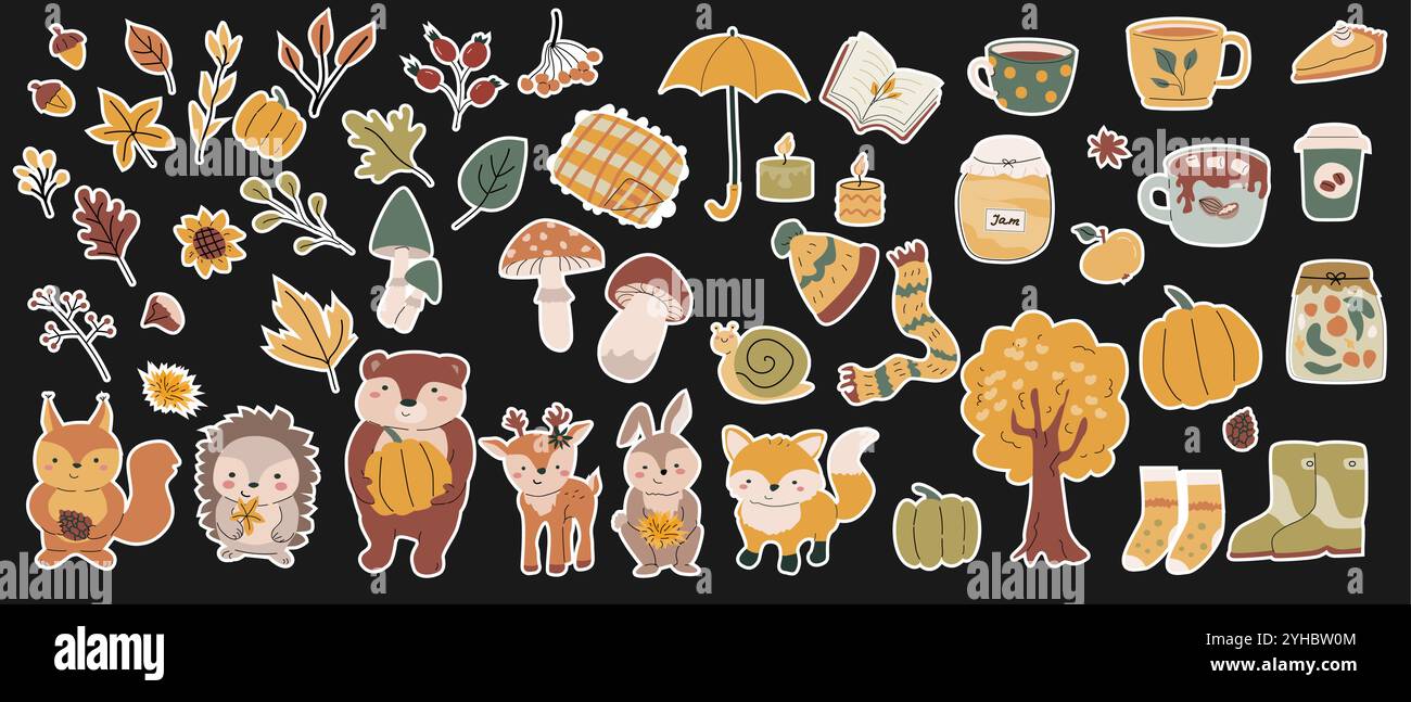 Herbsttiere bündeln sich mit Blättern und anderen saisonalen Gegenständen und Kleidung, Dingen. Waldtiere für Kinder mit Clipart-Elementen für die Ernte. Handgezeichneter großer Satz von Herbstaufklebern. Stock Vektor