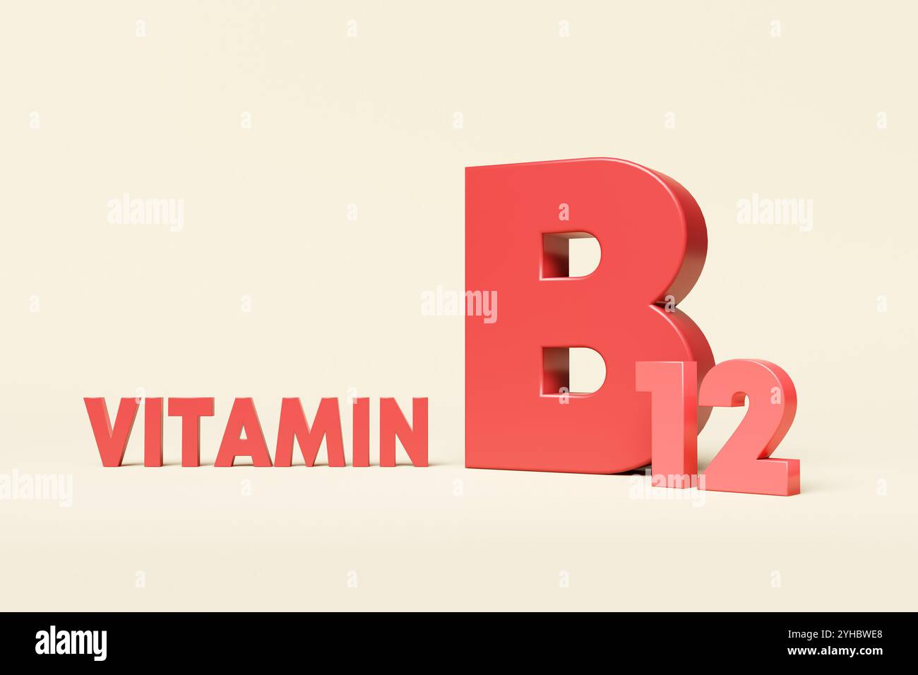 Großes rotes Vitamin B12-Symbol auf hellgelbem Hintergrund, das die Bedeutung von Gesundheits- und Nahrungsergänzungsmitteln symbolisiert. 3D-Rendering. Stockfoto