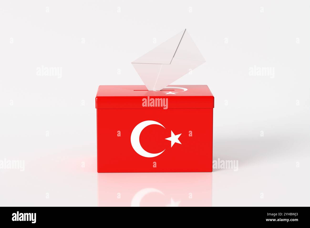 Wahlen und Wahlen in der Türkei. Weißer Umschlag, der in eine Wahlurne mit türkischer Flagge eindringt. 3D-Rendering. Stockfoto
