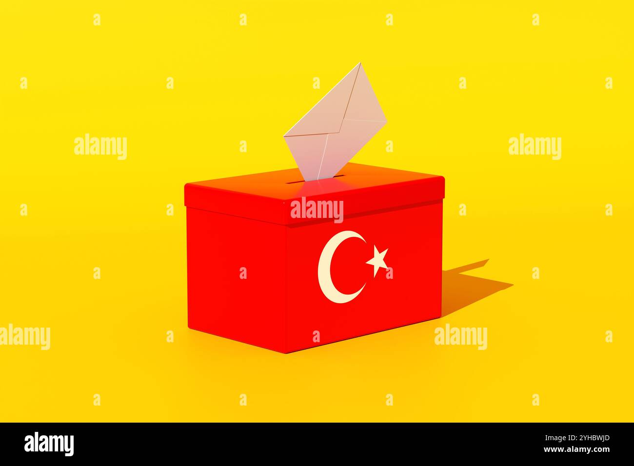 Wahlen und Wahlen in der Türkei. Ein einzelner weißer Umschlag kommt in eine Wahlbox, die mit der türkischen Flagge auf gelbem Hintergrund verziert ist. 3D-Rendering. Stockfoto