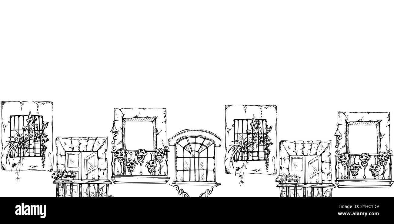 Mexikanischer mediterraner marokkanischer Fensterrahmen Balkon, Hauspflanzen, architektonische Fassade außen. Handgezeichnete Vektorgrafik. Nahtloses Banner Stock Vektor