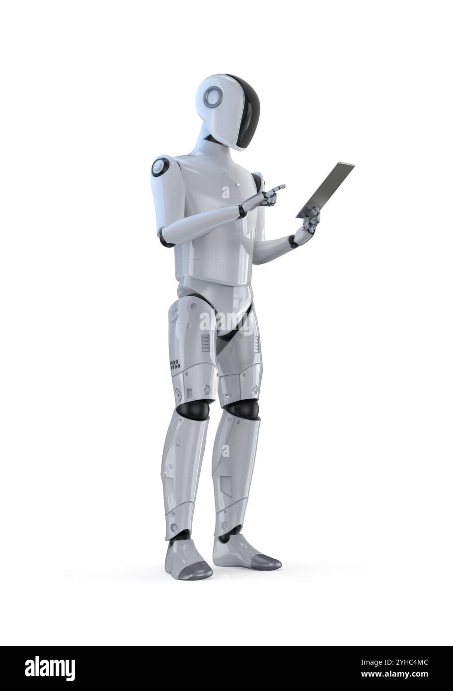 3D-Rendering humanoider Roboter oder Ai Cyborg mit schwarzem Gesicht Hand halten digitale Tablet isoliert auf weiß Stockfoto