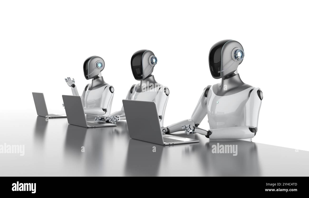 3D-Rendering-Gruppe humanoider Roboter oder Ai-Cyborgs mit Laptops isoliert auf weiß Stockfoto