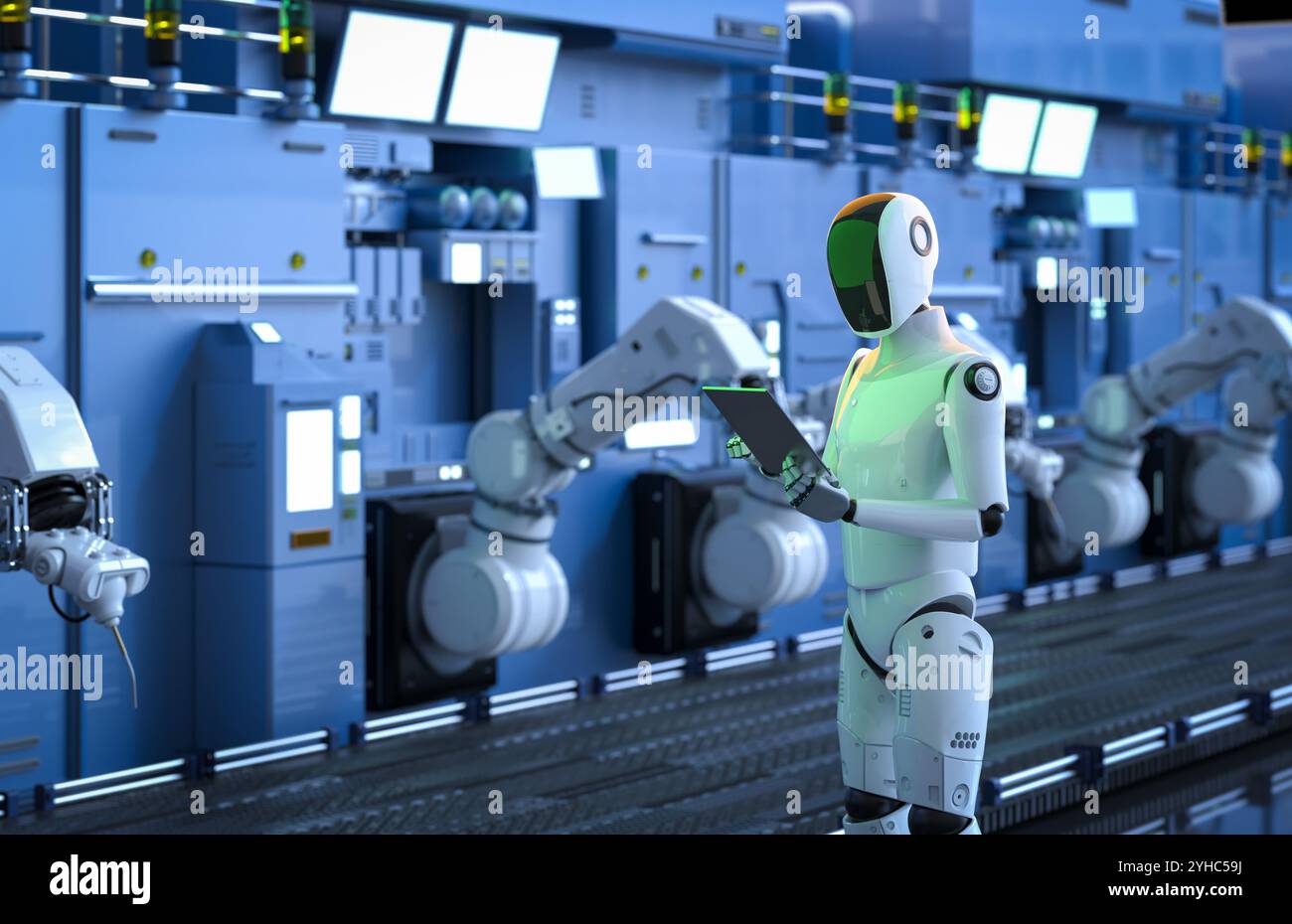 Konzept der Automatisierungsfabrik mit humanoidem 3D-Rendering-Roboter, der mit der Robotermontagelinie im Werk arbeitet Stockfoto