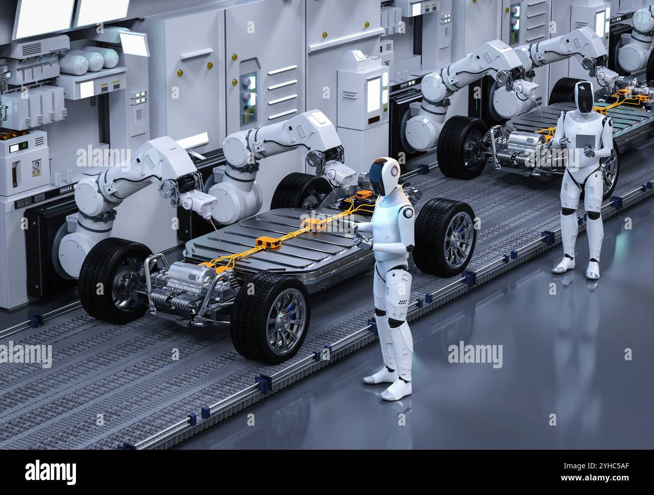 Automationsautomobilfabrik mit 3D-Rendering-Roboter-Montagelinie-Fertigung ev-Auto gesteuert von humanoidem Cyborg Stockfoto