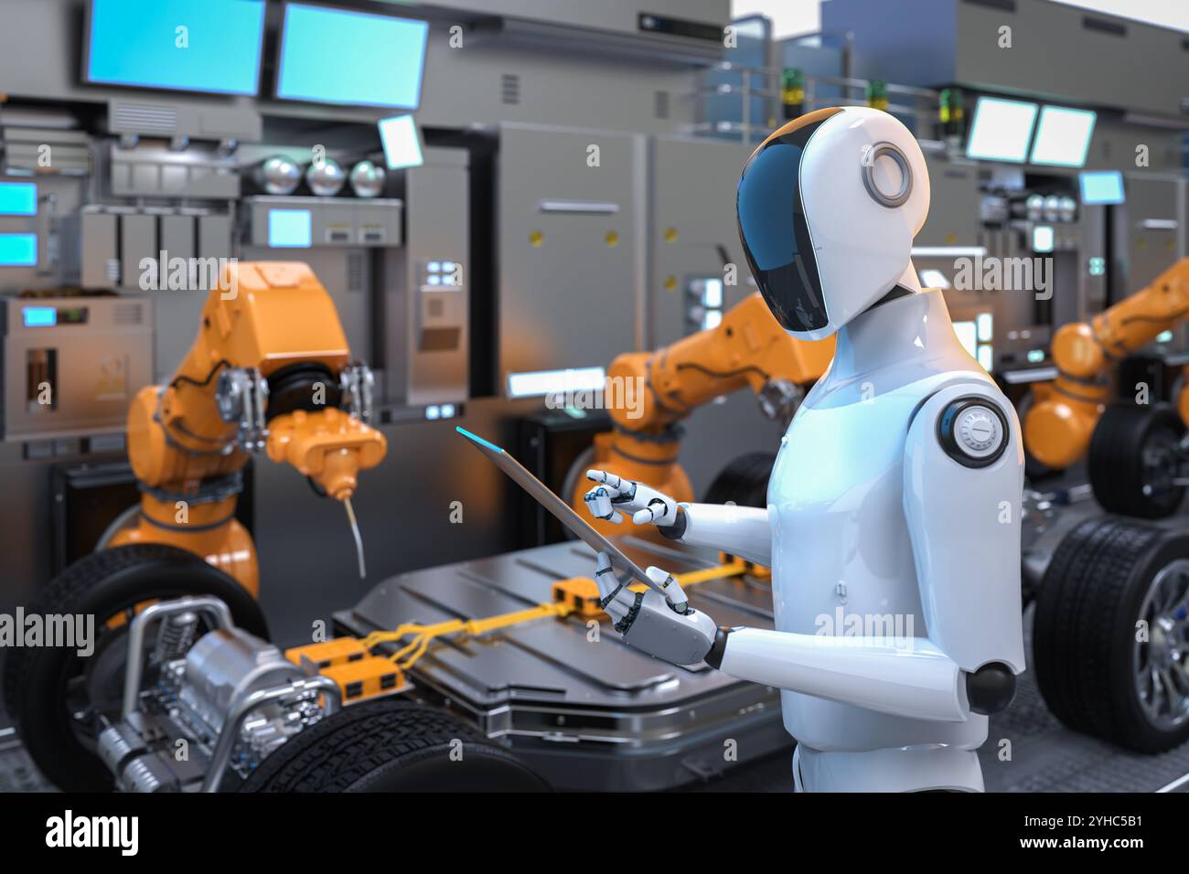 Automationsautomobilfabrik mit 3D-Rendering-Roboter-Montagelinie-Fertigung ev-Auto gesteuert von humanoidem Cyborg Stockfoto