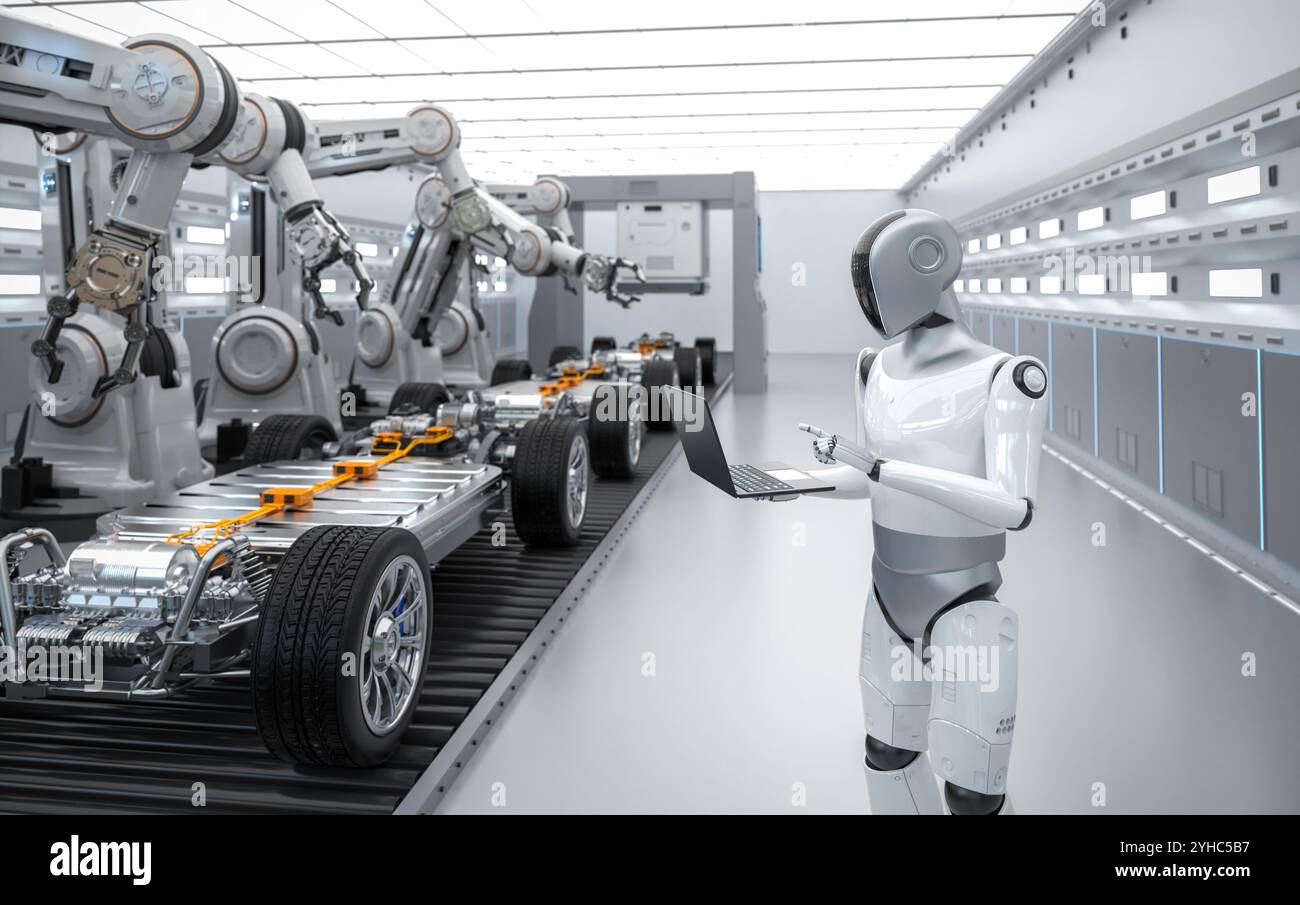 Automationsautomobilfabrik mit 3D-Rendering-Roboter-Montagelinie-Fertigung ev-Auto gesteuert von humanoidem Cyborg Stockfoto