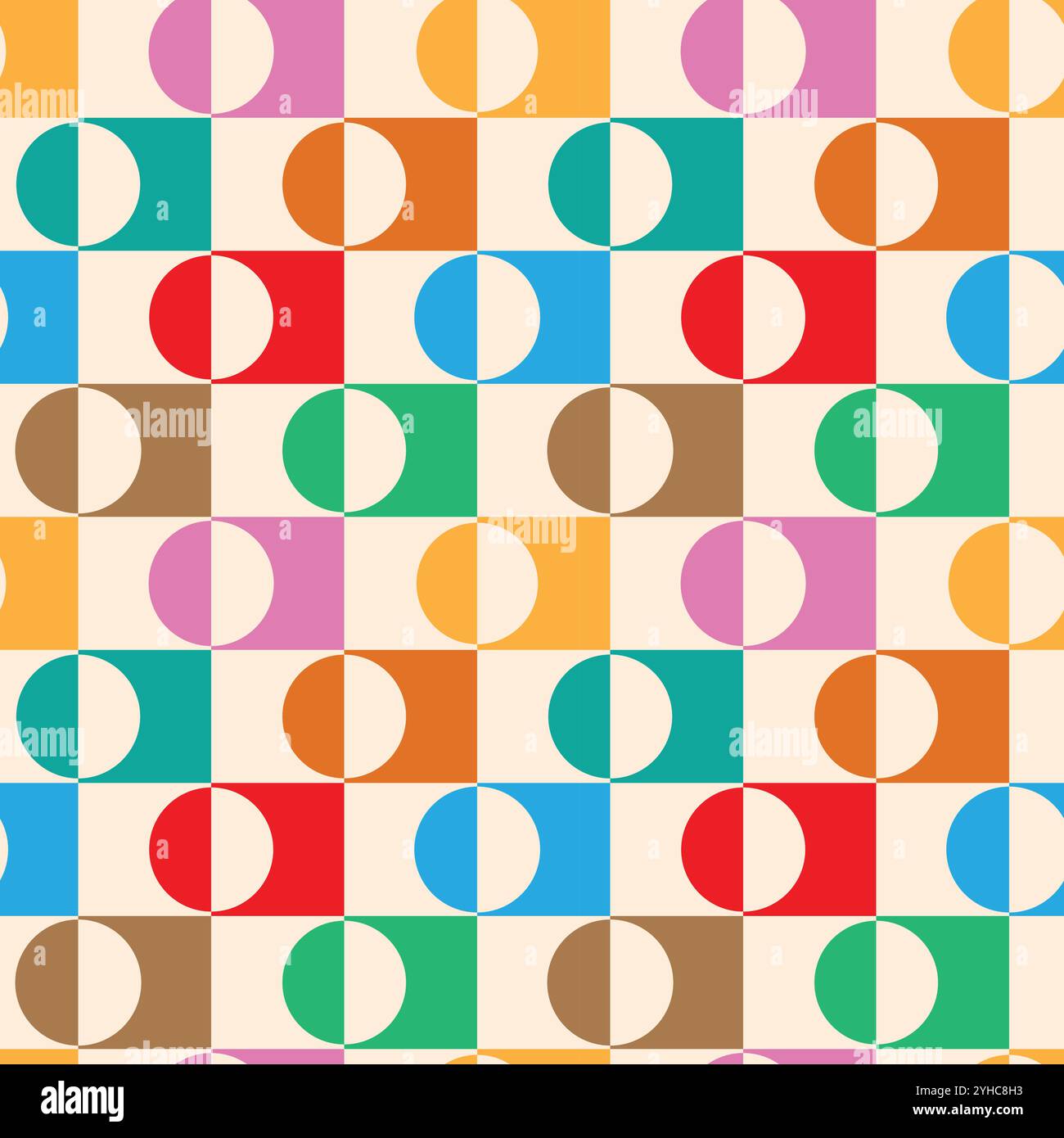 Mid Century farbenfrohe Halbkreise auf karierten Quadraten in Orange, Rot, Grün, Petrol und Blau. Für Wohnkultur, Tapeten und Stoffe Stock Vektor