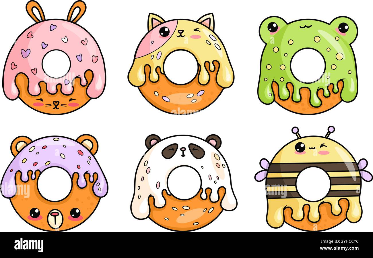 Niedliche Donuts Cartoon Kawaii Charakterkollektion. Lustiger Frosch, Kaninchen, Katze, Bär, Biene und Panda mit Tropfengläser. Isolierte süße Speisen. Vektorillustraten Stock Vektor