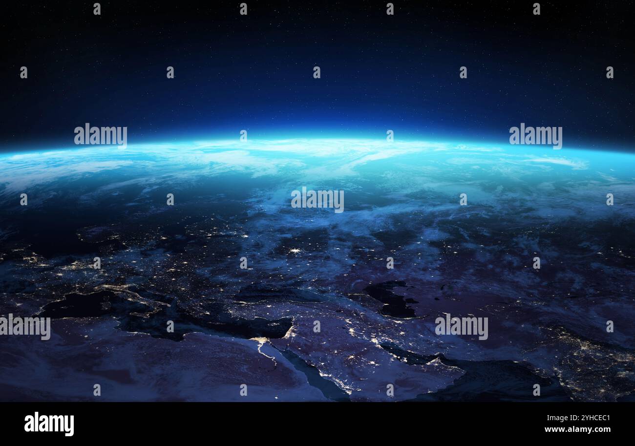 Erstaunlicher nächtlicher Erdplanet im Weltraum. Die Nacht auf dem Planeten mit den Lichtern der Stadt. Europa, Naher Osten und Afrika. Elemente dieses Bildes, bereitgestellt von der NASA. Stockfoto