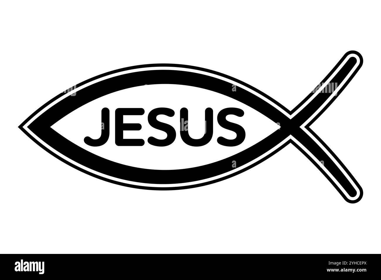 Zeichen des Fischsymbols mit dem Namen Jesus in Großbuchstaben. Symbol des frühen Christentums, bestehend aus zwei sich kreuzenden Bögen. Stockfoto