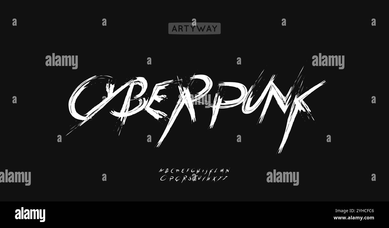 Cyberpunk Graffiti-Alphabet, chaotische Pinselschrift, kantige wilde Schriften, ausdrucksstarke urbane Typografie für rebellisches Punklogo, Street-intensiver Stil Stock Vektor