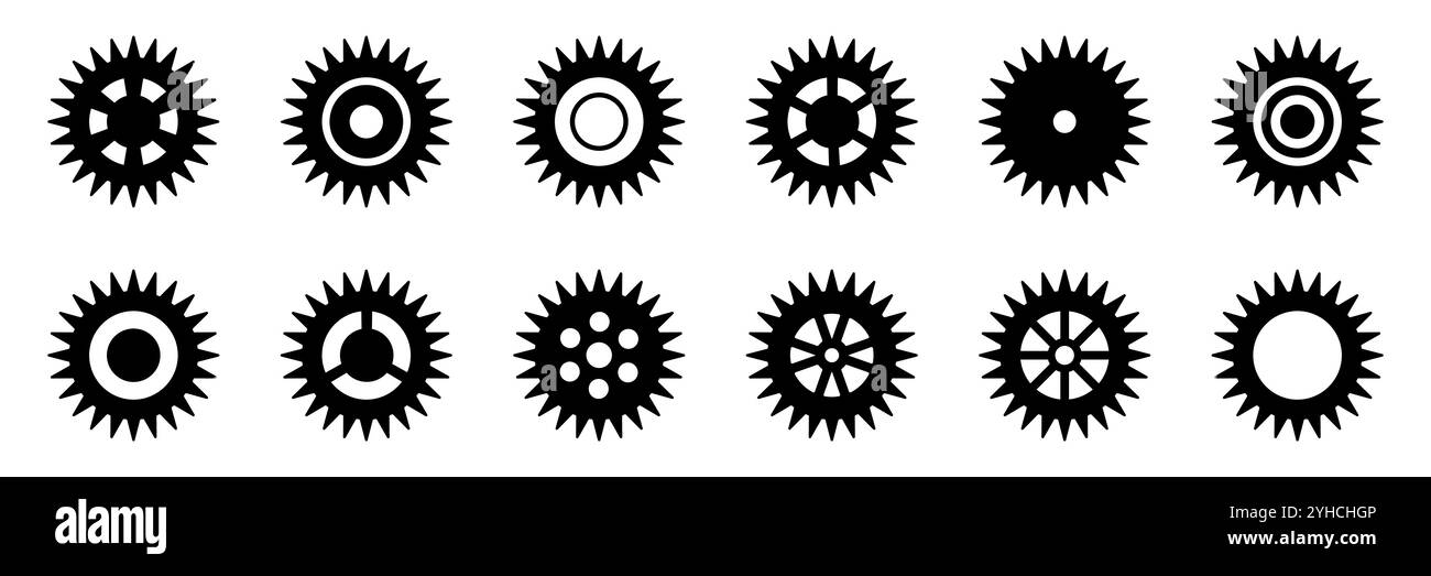 Zahnradsymbole. Symbol „Gänge einstellen“. Sammlung mechanischer Zahnräder. Einfache Sammlung von Zahnrädern. Silhouette der Zahnradsymbole. Vektorabbildung mit Stock Vektor