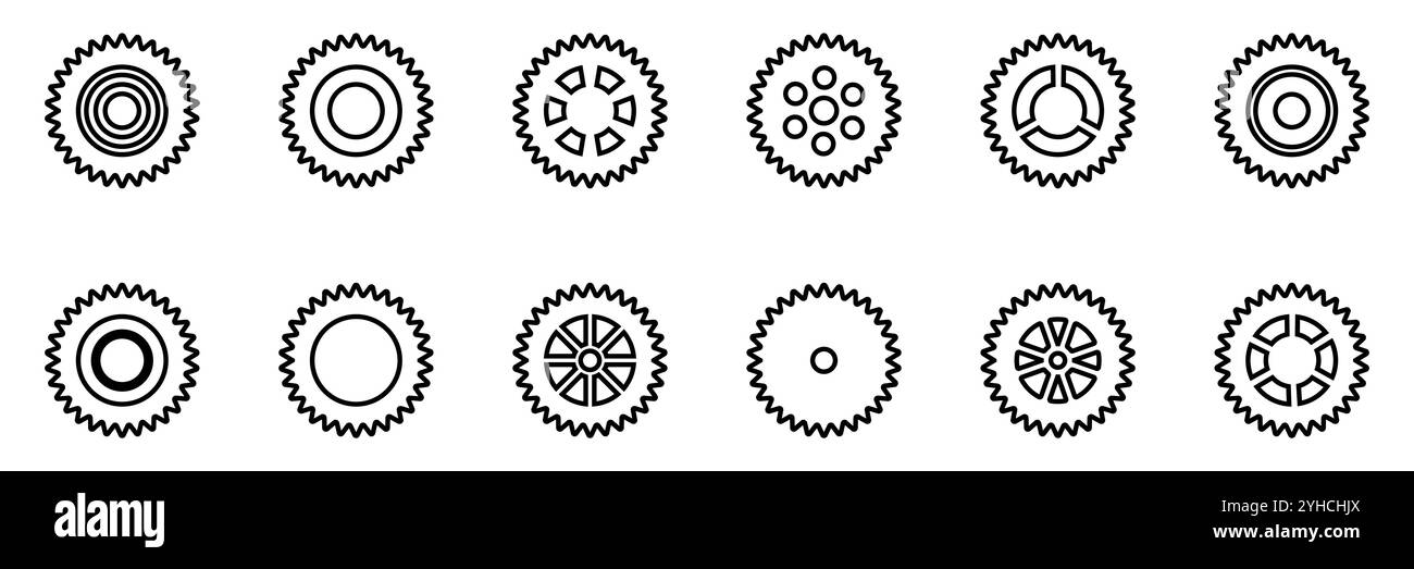 Symbolsatz Gänge. Symbol für Gangeinstellung. Sammlung mechanischer Zahnräder. Einfache Zahnradsammlung. Silhouette mit Zahnradsymbolen. Vector Illustrati Stock Vektor