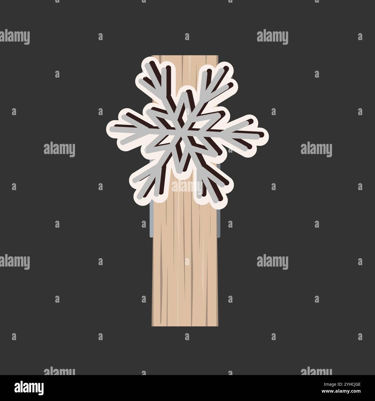 Kleine hölzerne Klamotten, mit Schneeflocke dekoriert. Isoliertes Designelement für Winterstifte. Vektorillustration von Clothespin. Stock Vektor