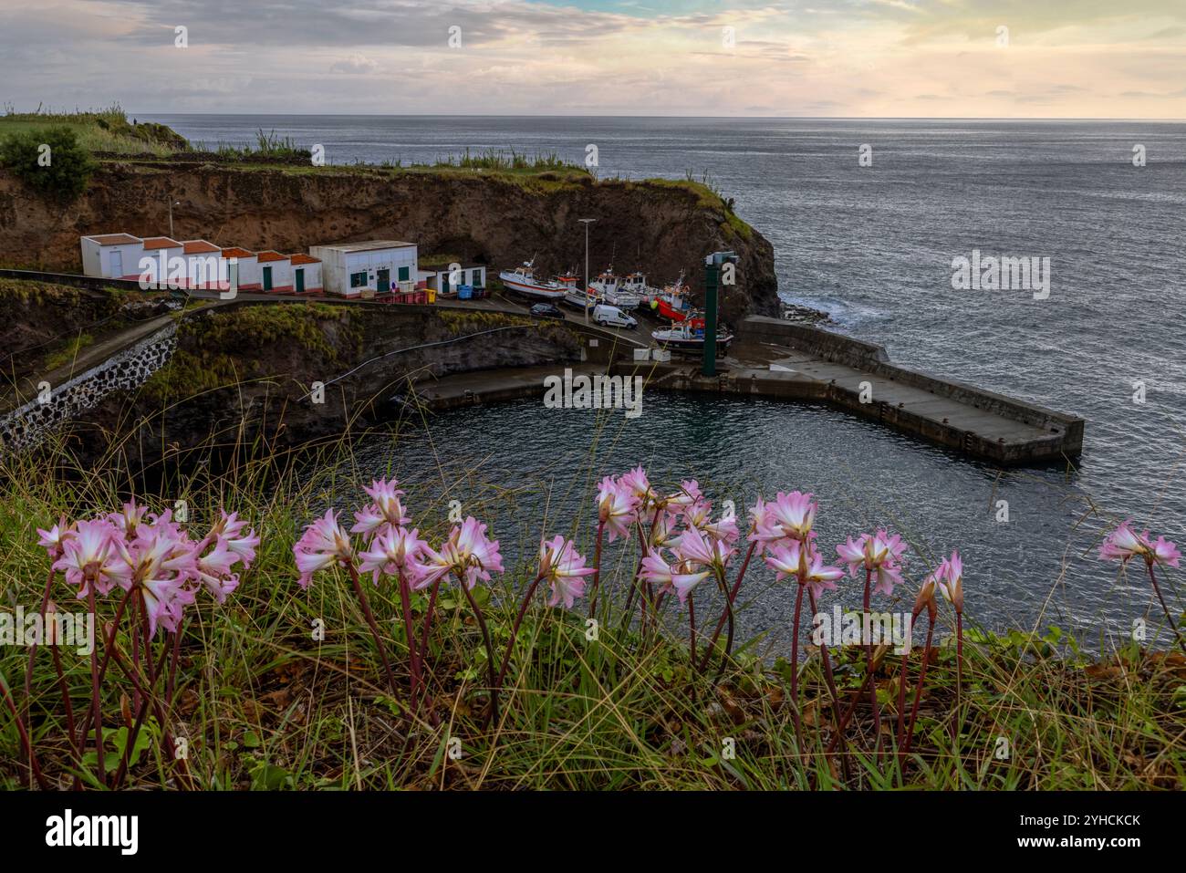 Blick auf die Bucht von Ponta Delgada auf Flores Island, Azoren. Stockfoto