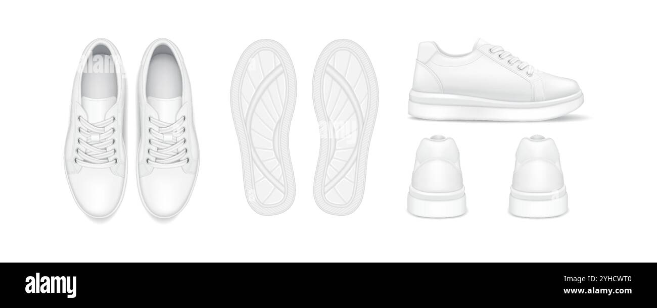 Trainings-Sneakers entwerfen realistische Vektor-Illustration Set. Sportschuhe zum Laufen umfassende 3D-Modelle auf weißem Hintergrund Stock Vektor