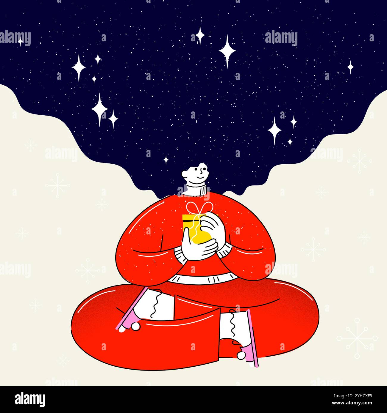Charakter in rotem Pyjama, mit magischem Nachthimmel, Geschenk in der Hand. Ruhige Winternacht. Kreative farbenfrohe Illustration. Stock Vektor