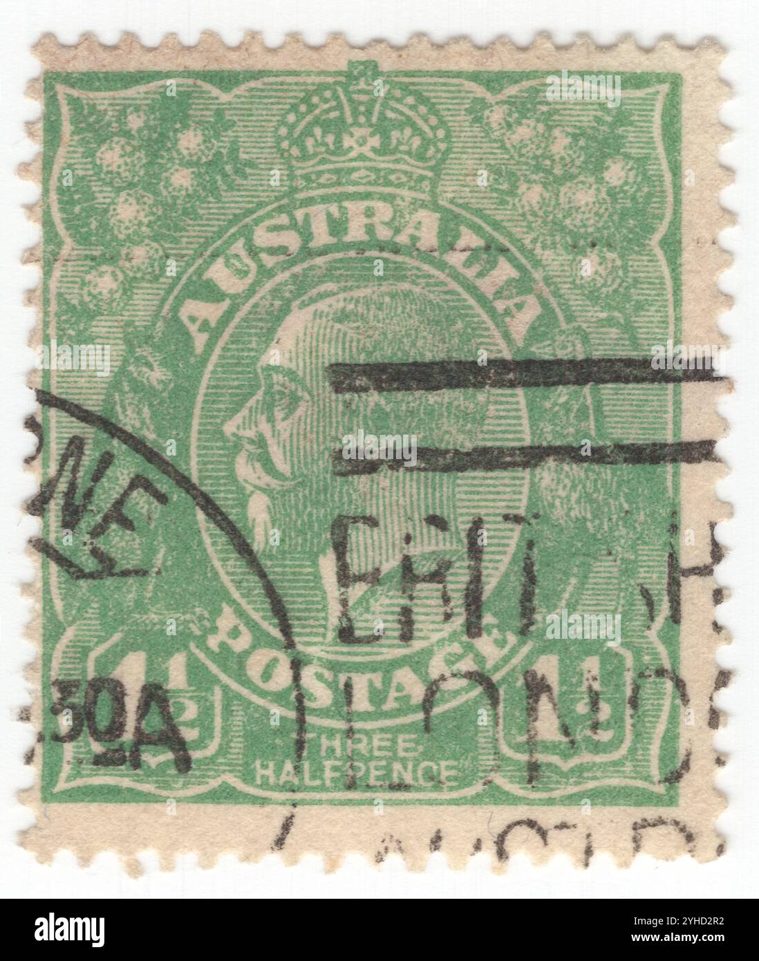 AUSTRALIEN — 1923. März 07: 1½ pence Smaragdmarke mit Porträt von König Georg V. (Georg Friedrich Ernst Albert) war vom 6. Mai 1910 bis zu seinem Tod 1936 König des Vereinigten Königreichs und der britischen Dominions und Kaiser von Indien. George wurde während der Regierungszeit seiner Großmutter Queen Victoria geboren und war der zweite Sohn von Albert Edward, Prince of Wales, und war Dritter in der Nachfolge auf den britischen Thron hinter seinem Vater und seinem älteren Bruder, Prinz Albert Victor Stockfoto