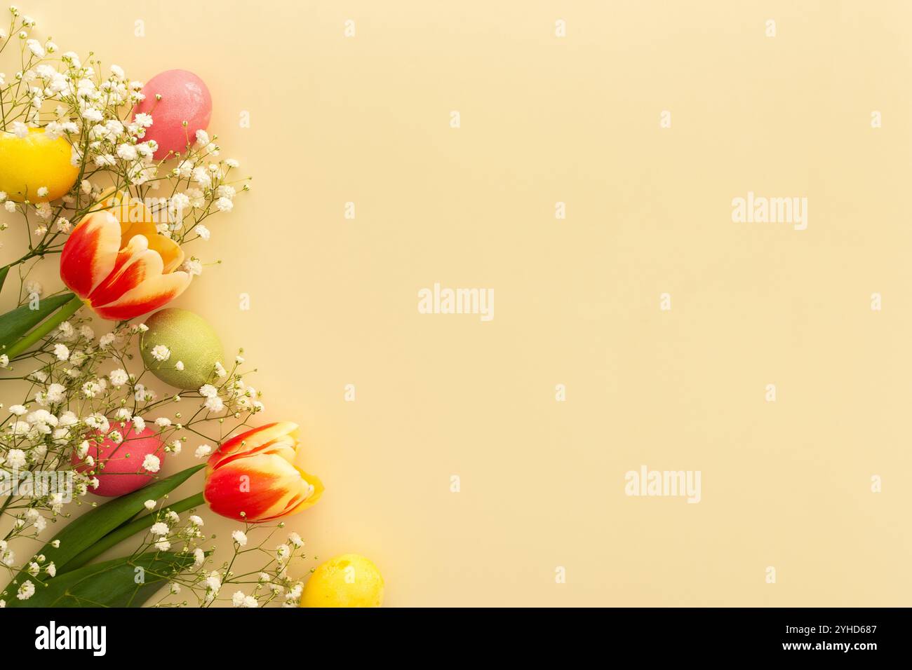 Frühlings-Ostern-Hintergrund, mehrfarbige Ostereier mit Tulpen und gypsophila auf gelbem Hintergrund Stockfoto