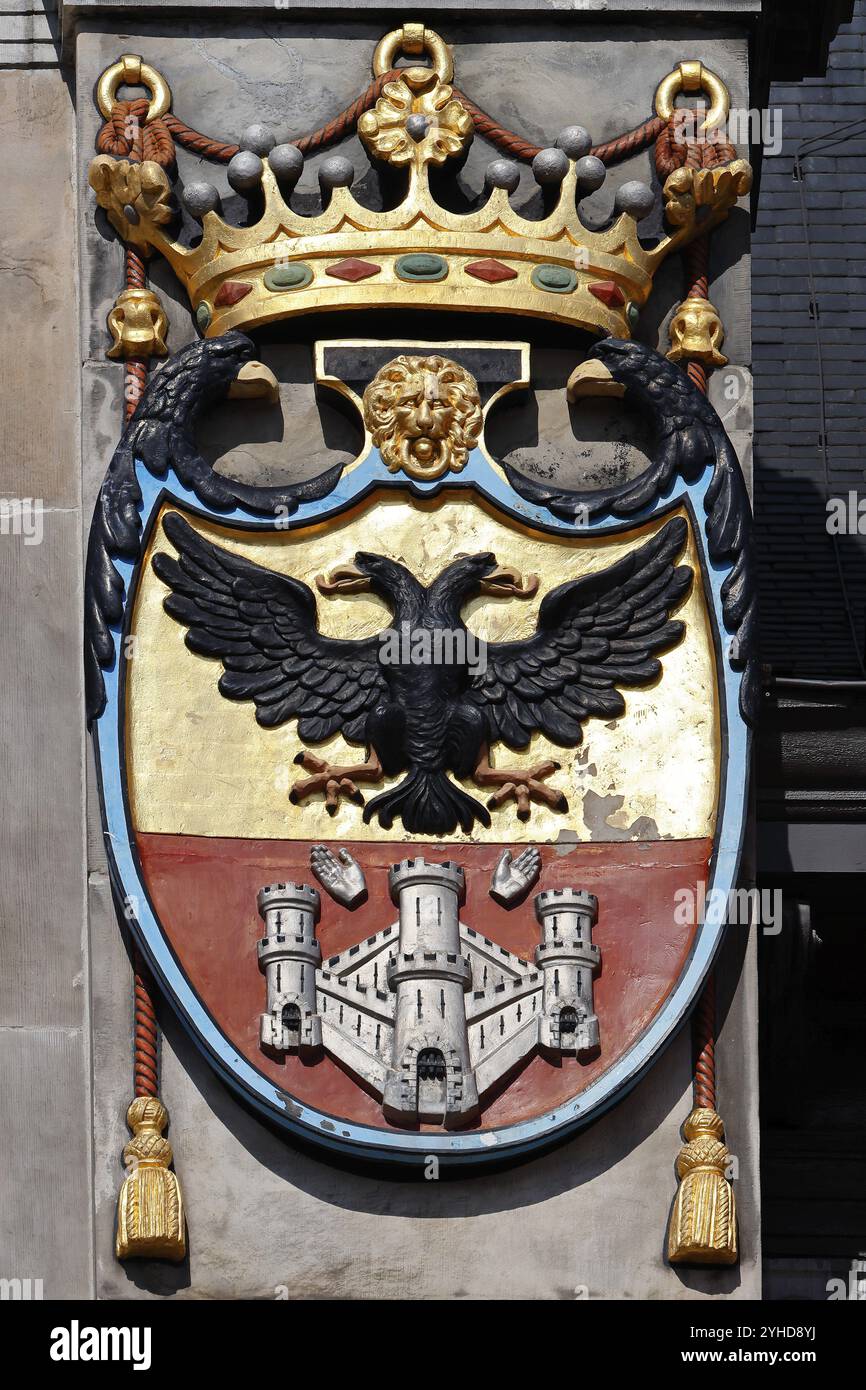 Historisches Rathaus Stadhuis am Grote Markt, detaillierte Ansicht des Wappens der Markgrafschaft Antwerpen an der Fassade, UNESCO-Weltkulturerbe S Stockfoto