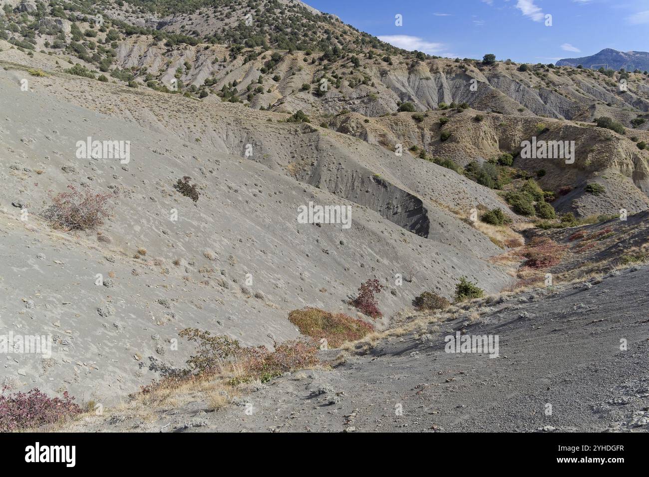 Tonschluchten am Fuße der Berge. An den Hängen der Schluchten kann man die Struktur der Sedimentgesteine sehen. Krim, sonniger Tag im September Stockfoto