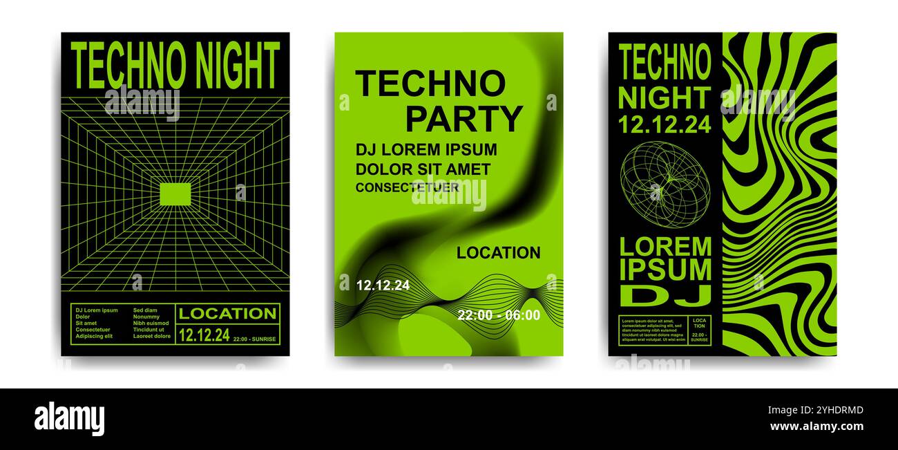 Moderne Poster-Vorlagen für Einladungen zu Techno-Partys mit abstrakten futuristischen Designelementen im Retro-Look und leuchtendem Limettengrün. Stock Vektor