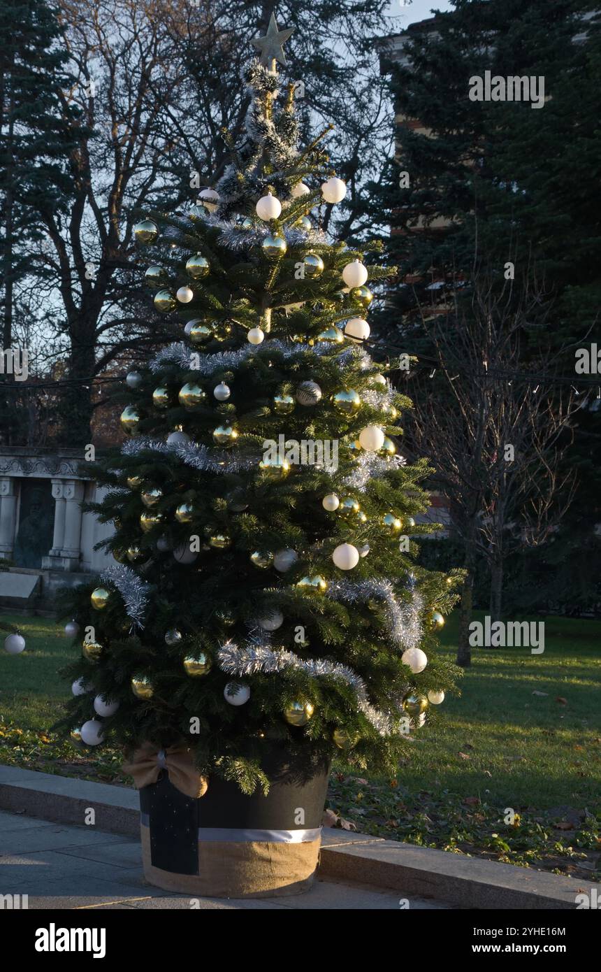 Frohes neues Jahr 2025 und Weihnachten, mit Blick auf einen wunderschönen Weihnachtsbaum auf dem Bürgersteig einer Stadtstraße in Sofia, Bulgarien Stockfoto