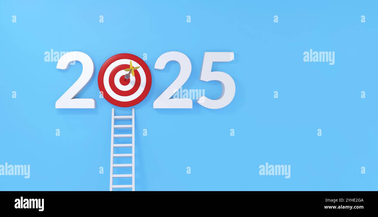 Kreatives 2025-Design mit einem Ziel und einem Pfeil als Null, gepaart mit einer Leiter, die Ziele, Erfolge und Erfolge symbolisiert. Gegen ein hellblaues B stellen Stockfoto
