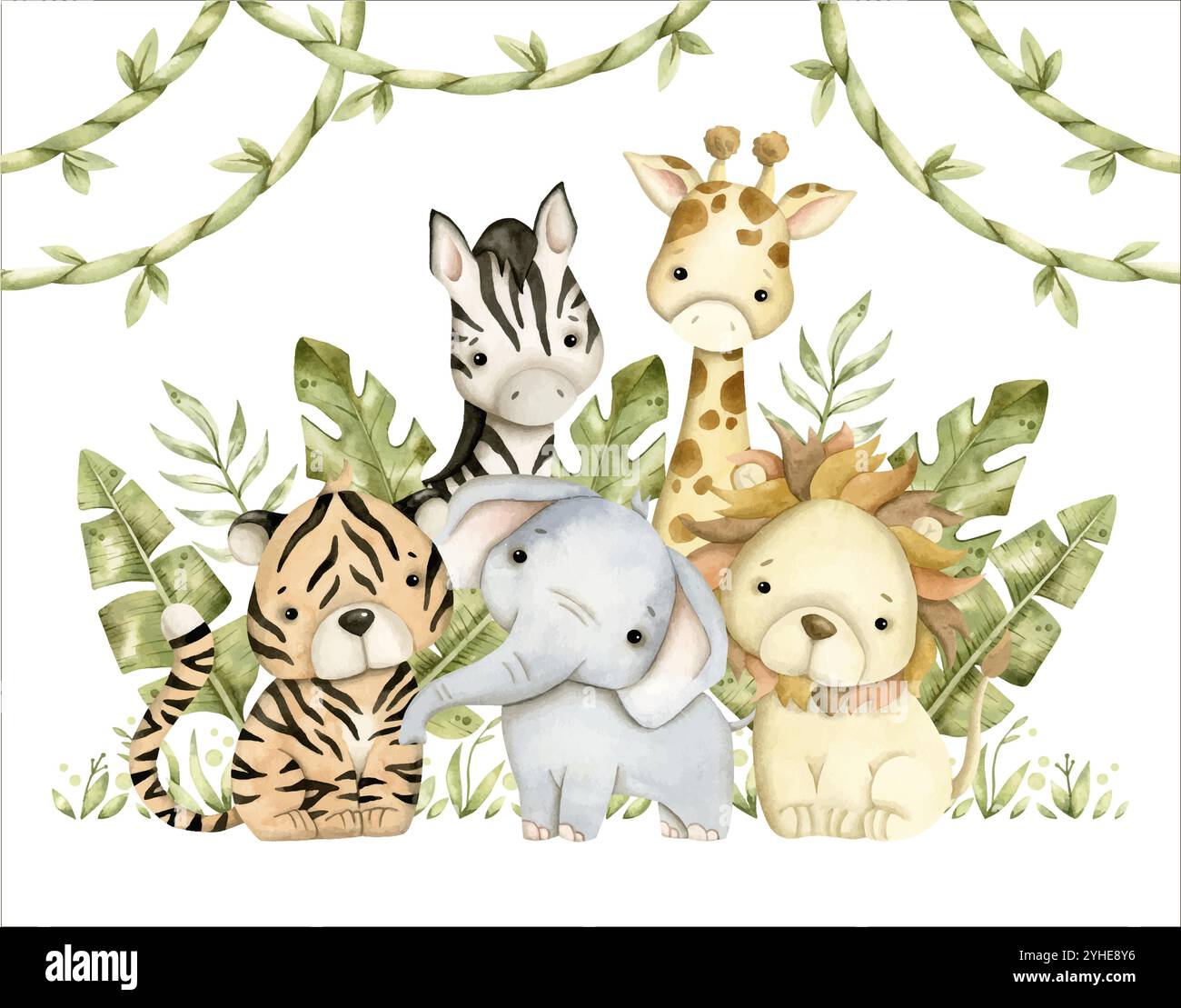 Handgezeichnete Safari Aquarellillustration mit Baby-Elefant, Löwe, Tiger, Zebra, Giraffe und Dschungel für Kinder Stock Vektor