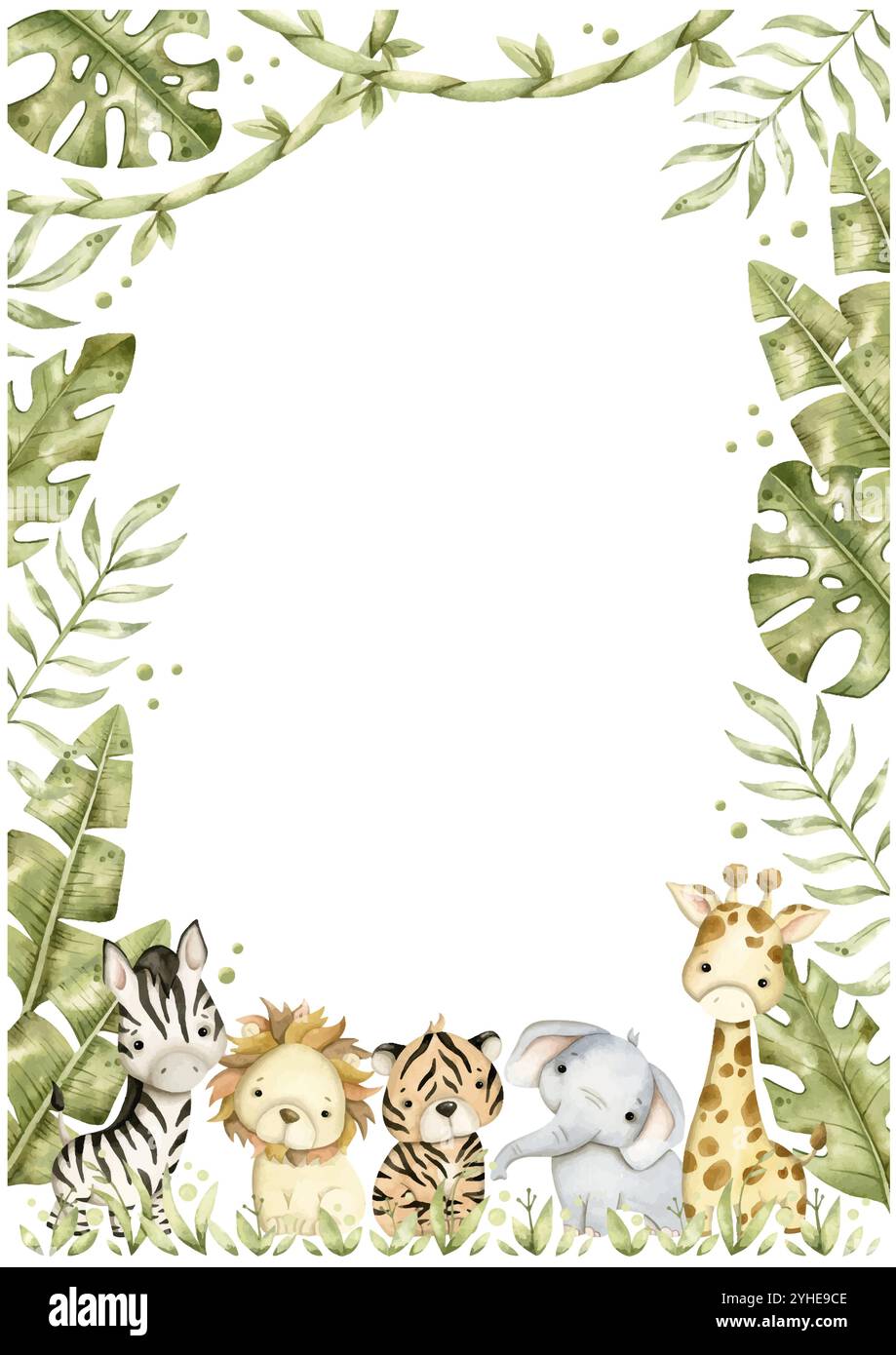 Handgezeichnete Safari Aquarellillustration, Rahmen mit Baby-Elefanten, Löwen, Tiger, Zebras, Giraffen und tropischen Blättern, Kriechtiere für Kinder Stock Vektor