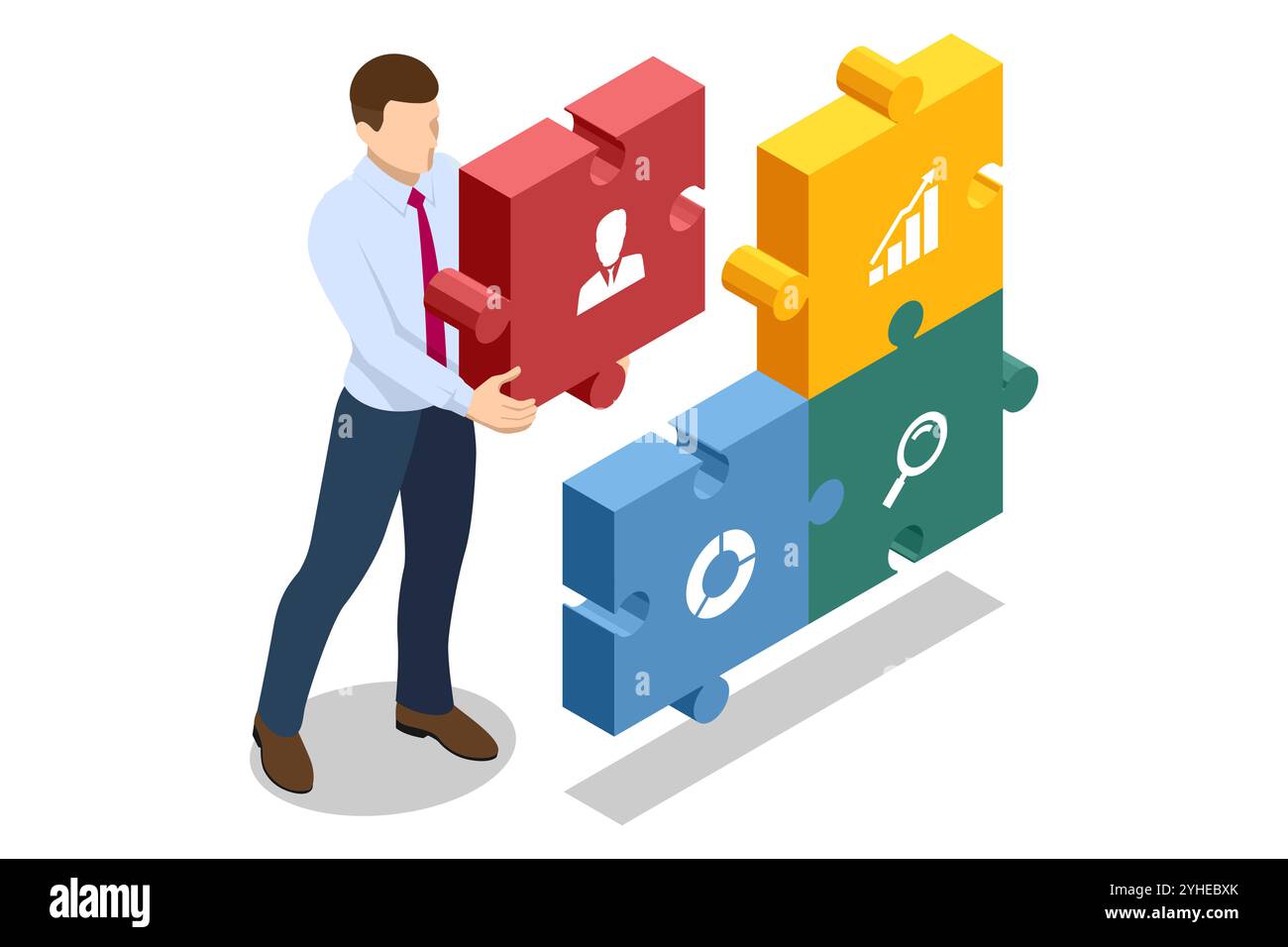 Isometrisches Business Puzzle. Ein Geschäftsmann hält das restliche Puzzleteil in der Hand. Teamarbeit und Partnerschaft. Geschäftsleute schließen sich Puzzleteile an. Wird Erledigt Stock Vektor