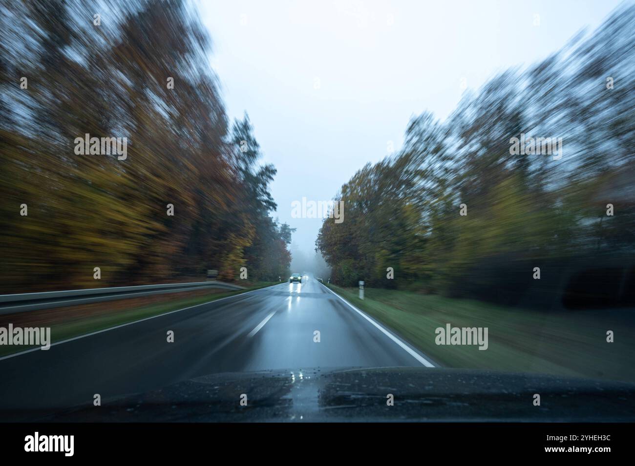 Autofahrt im Nebel mit entgegenkommendem Verkehr 11.11.24, Selters im Taunus: Symbolfoto, Illustrationsbild, Symbolbild, Illustrationsfoto, Alltagsszene Autofahrt im Nebel mit entgegenkommendem Verkehr eine verschwommene Szene von einer Autofahrt auf einer kurvigen, nassen Straße bei dichtem Nebel. Ein entgegenkommendes Auto mit eingeschalteten Scheinwerfern verstärkt die dramatische und mystische Atmosphäre der nebligen Fahrt. Selters im Taunus Hessen Deutschland *** Fahren im Nebel mit entgegenkommendem Verkehr 11 11 24, Selters im Taunus Symbolfoto, Illustrationsbild, Symbolbild, Illustration Stockfoto