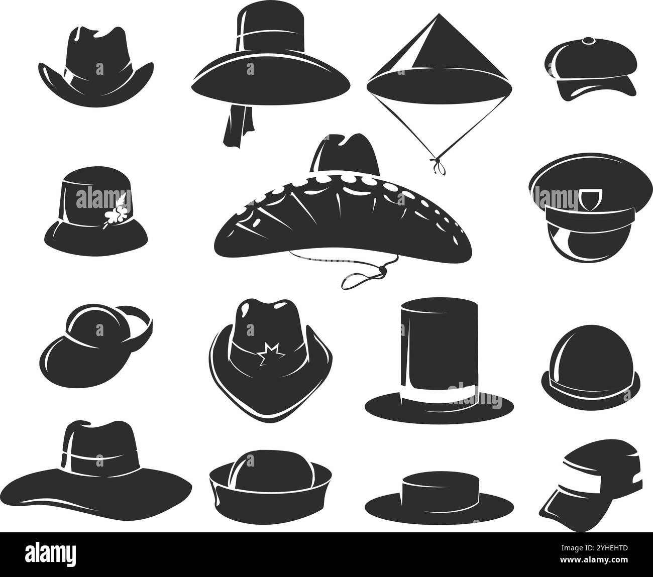 Verschiedene Symbole für Kopfbedeckung. Hüte Kappen panama Sport Militär Sombrero etc isolierte Vektor-Illustration Stock Vektor